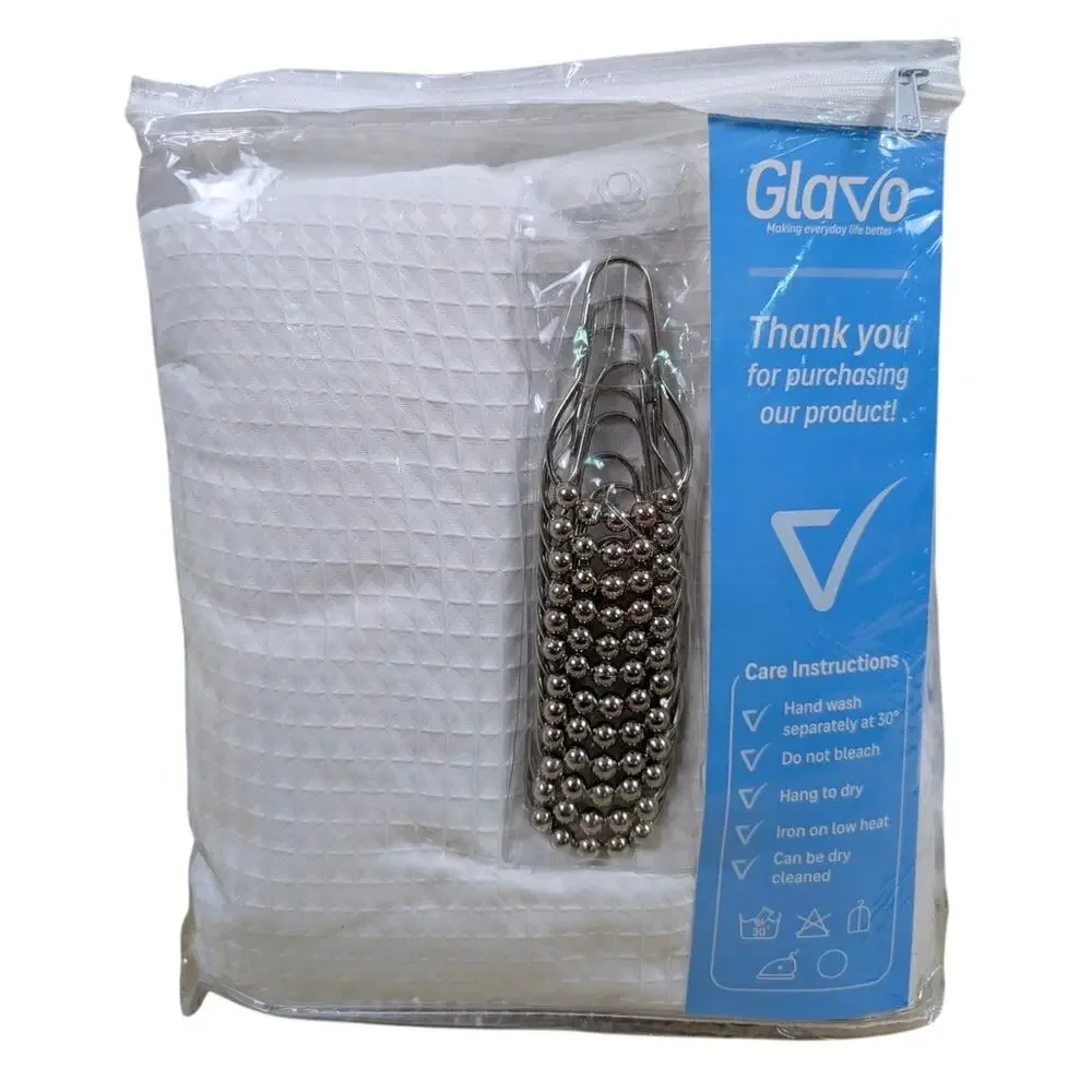 Waffle Weave Shower Curtain White 72x72‎ Polyester Weighted Hem 12 Rings